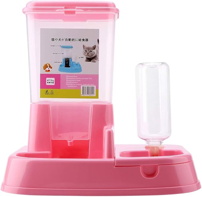 Pet Feeder and Water Dispensers Set, Automatic Pet Feeder Detachable Food Dispenser Water Bottle Cats Dogs Feeding Tool, Dog Cat Bowls Puppy Feeder and Pet Dish for Small Dog(Pink)