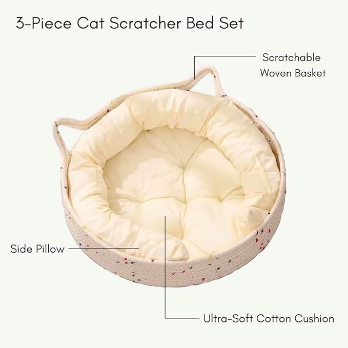 Cat Bed for Indoor Cats – Round Washable Basket with Soft Cushion & Scratchable Sides, Cozy Woven Kitten Bed, 17.7” x 5.9”