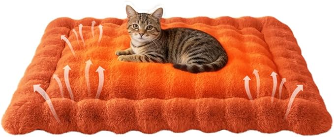 Self-Warming Cat Bed, Plush Faux Fur Pet Bed Mat with Anti-Slip Bottom, Ultra Soft Heated Pad for Cats & Kittens, Cozy Fluffy Bed for Window & Sills Couches, Machine Washable, 23x15 Inch Orange