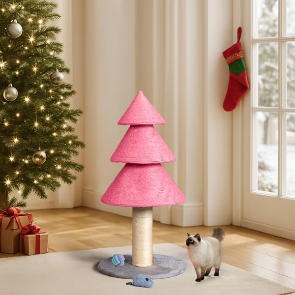 Christmas Tree Cat Scratcher Tower – 31.5" Sisal Scratching Post with Fleece Base for Indoor Cats, Holiday Décor, Sturdy Stable Base