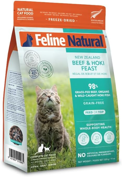 Feline Natural High Protein Dry Cat Food, Freeze-Dried Diet with 98% Meat, Organs & Seafood, No Peas, Grains, or Artificial Additives, Made in New Zealand, Beef & Hoki, 320g