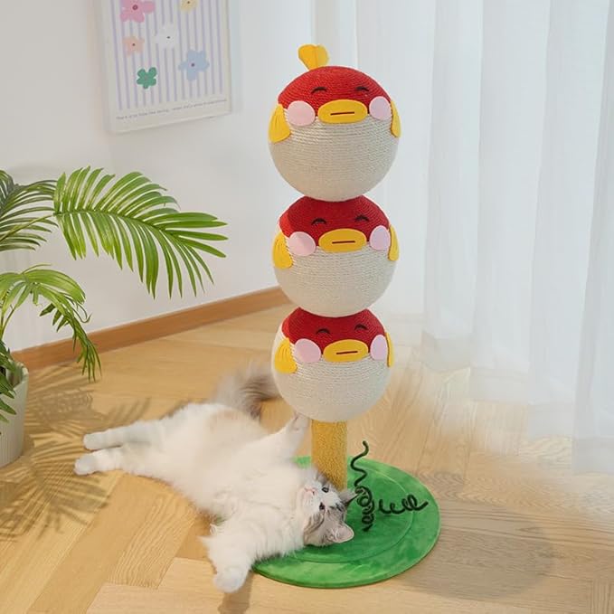 Cute Puffer Fish Cat Scratching Post – 3-Tier Climbing Tower with Sisal Rope, Flannel Base & Interactive Toy – Vertical Cat Tree Furniture for Indoor Cats & Kittens