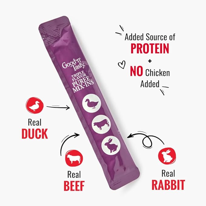 Good 'n' Tasty Triple Flavor Puree Mix-Ins Dog Food Topper Treats for All Dogs, 28 Count, Easy Single-Serve Portions, Added Protein with Duck, Beef and Rabbit, No Chicken Added