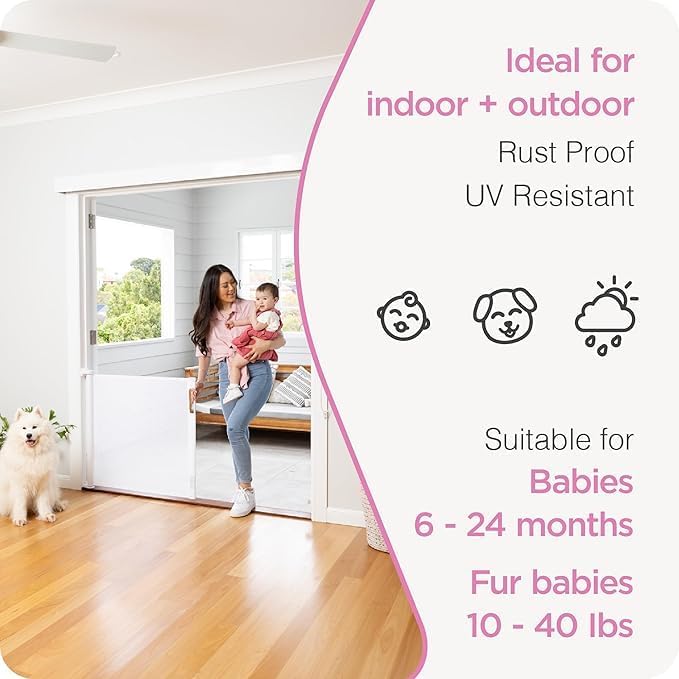 Retractable Baby Gate Perma Child Safety 33" Tall x 71” Wide, Mesh, for Stairs, Doorways, Dogs, Pets, Indoor, Outdoor, One-Handed Operation, Locking, Easy Install, Hardware Mount, White