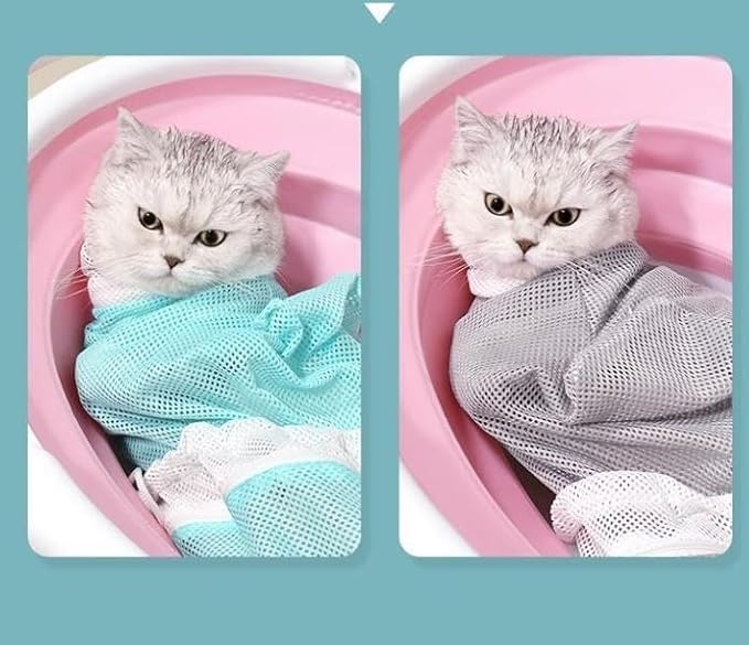 Multifunctional Cat Mesh Bathing Bag, Anti-Bite and Anti-Scratch with Zipper and Drawstrings, Adjustable Breathable Polyester Mesh Restraint for Bathing, Nail Trimming (Green+Pink)