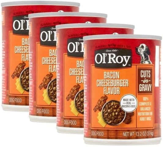 (Pack of 4) Bacon, Cheeseburger & Beef Flavor Gravy Wet Dog Food for Adult, 13.2 Oz. Can, 100% Complete and Balanced Nutrition, Ideal for Adult Dogs and Puppies