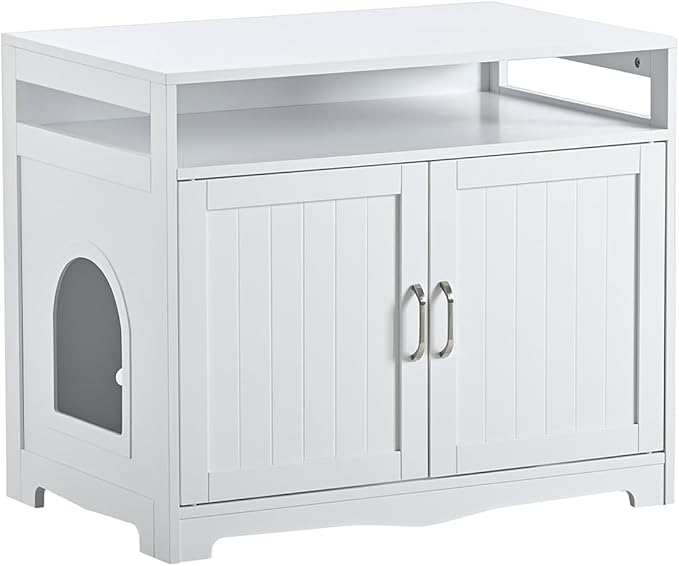 31.5" L White Cat Litter Box Enclosure with Hidden Plug & 2 Doors, Indoor Large Cat Washroom Storage Bench Side Table