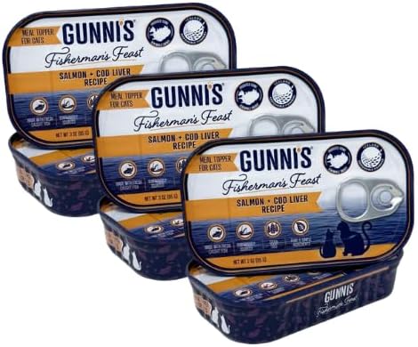 Pet Fisherman’s Feast Cat Food Topper – Salmon & Cod Liver – Sustainably Sourced, Wild-Caught in Iceland – High-Protein, Omega-3 Rich, Grain-Free – 3 oz Tins, Pack of 6