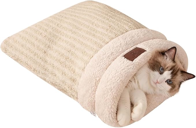 Cat Sleeping Bag for Indoor Cats, Self Warming Cat Bed Cave Fits up to 15 lbs Pets, Pet Sleeping Bed with Plush Portable Snuggle Sack/Hideway 17''×21''White