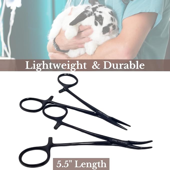 HTI Set of 2 Pcs Dog Cat Pet Hair Puller Remover Stainless Steel Hemostat Locking Forceps 5.5" Straight and Curved Full Serrated (Black)