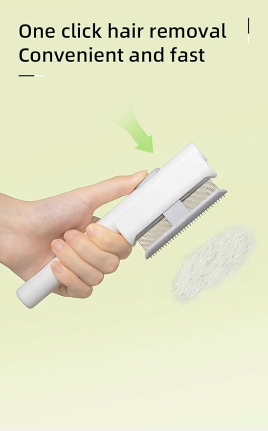 Cat Shedding Comb for Long Matted Hair, Cat Flea Comb for Indoor Cats or Dogs, Release Button Self-Cleaning Pet Combs, Long & Short Stainless Steel Metal Teeth, White