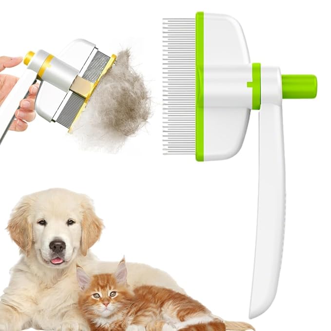 Pet Hair Removal Comb Flea Comb, Multifunctional Cat Brush with Release Button, Grooming Brush Supplies for Detangling Thinning and Shedding, All Hair Types (Green)