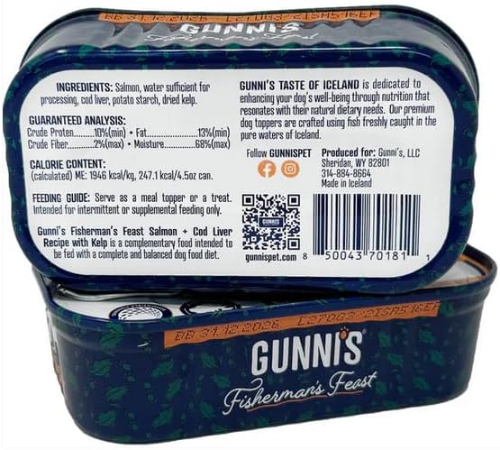 Pet Fisherman’s Feast Dog Food Topper – Salmon & Cod Liver with Kelp – Gently Cooked, Wild-Caught in Iceland – Grain-Free, Omega-Rich Topper – 4.5 oz Tin, Pack of 6