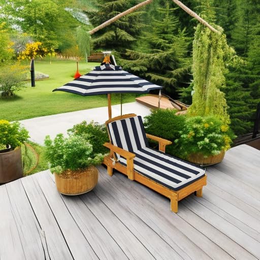 KidKraft Outdoor Wooden Chaise Lounge, Backyard Furniture Chair with Umbrella and Cushion, for Kids or Pets, Navy and White Striped Fabric