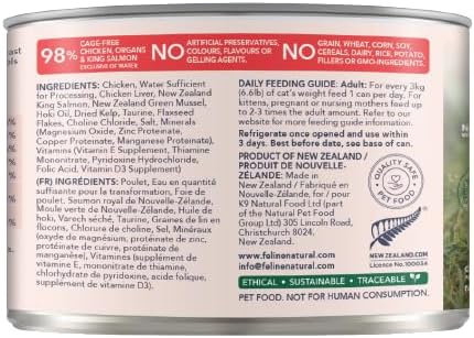 Feline Natural New Zealand Canned Wet Food, High-Meat, Low-Carb, & Grain Free Cat Food Wet, Chicken and King Salmon, 6 oz, Pack of 12