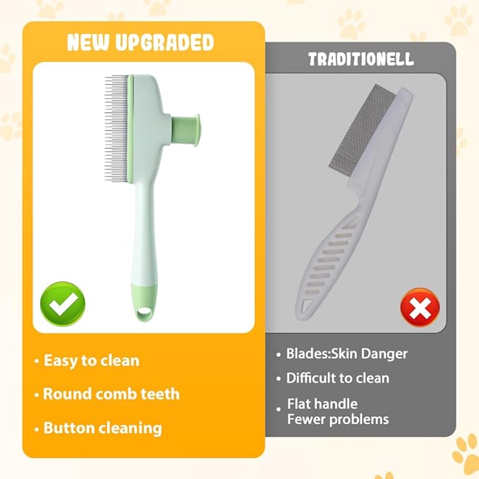 Flea Comb for Cats & Dogs, 2025 New Pet Hair Removal Comb with Release Button, Pet Grooming Brush Cat Dog Combs, Self-Cleaning Cat Brush for Short and Long Hair Cats (Yellow)