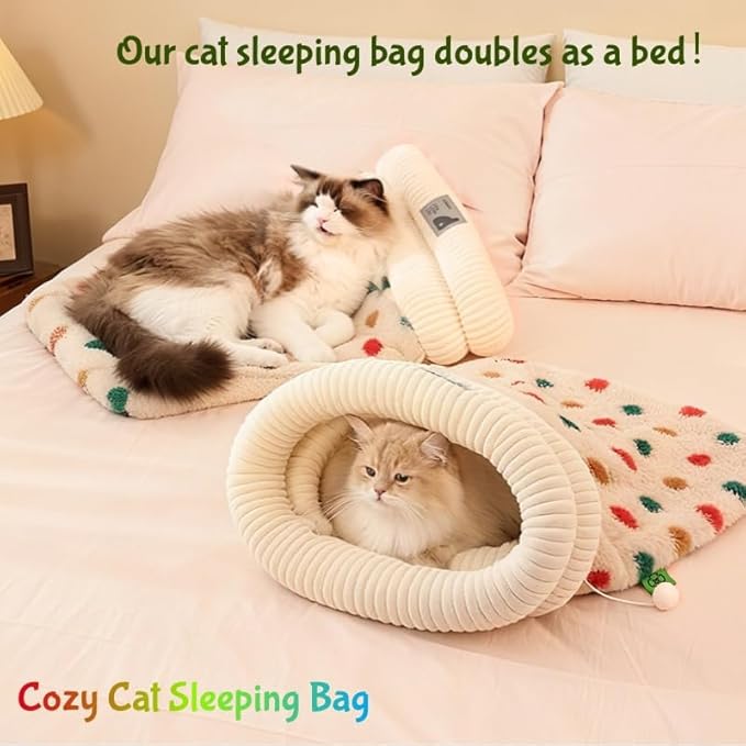 Cat Sleeping Bag, Cats Winter Sleeping Bag for Indoor Cats Cozy Plush Cat Cave Bed, Self-Warming Pet Snuggle Sack for Kitten Puppy Small Dogs (D - Beige 2 pcs, L-21"x17.7")
