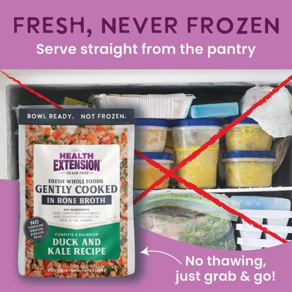 Health Extension Gently Cooked Grain-Free Duck & Kale Dog Food, Human-Grade & Shelf-Stable with Superfoods, Supports Digestion, Immunity, Skin & Coat, 3 oz Pouch (Pack of 10)