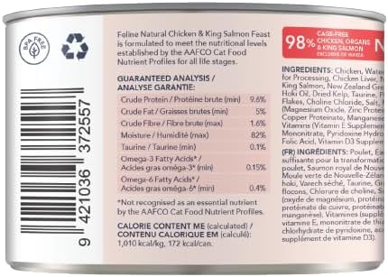 Feline Natural New Zealand Canned Wet Food, High-Meat, Low-Carb, & Grain Free Cat Food Wet, Chicken and King Salmon, 6 oz, Pack of 12