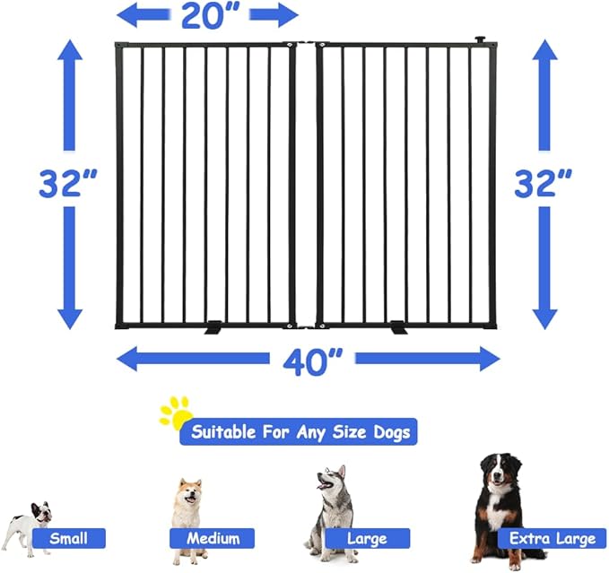 2 Panels Metal Freestanding Dog Gates with Door,40''W Detachable Foldable Dog Fence Indoor Outdoor Puppy Gate, 32''H Free Standing Tall Pet Gate for Doorways,House,Stairs,Porch,Deck,Yard
