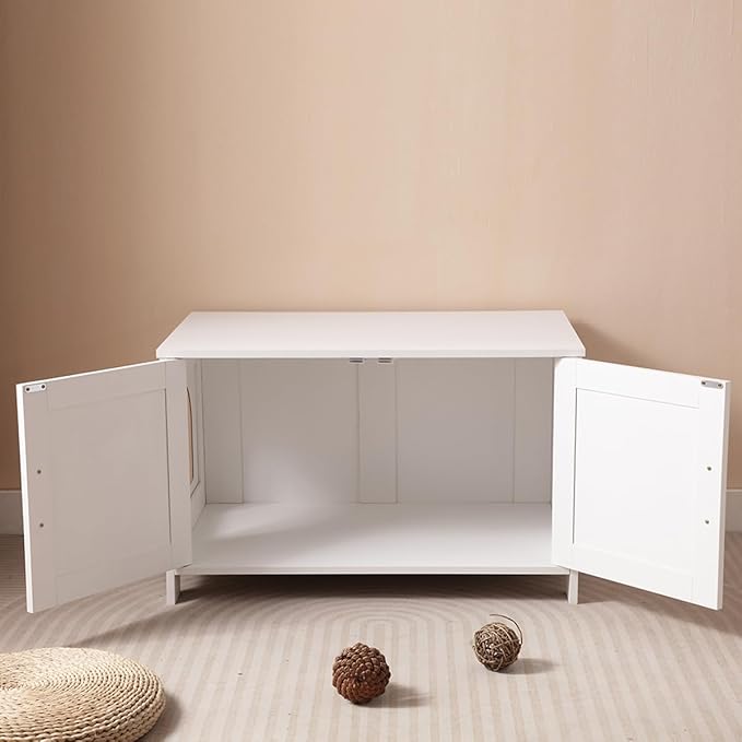 Cat Litter Box Enclosure with Barn Door Wooden Cat Washroom Furniture Litter Box Furniture Hidden End Side Table Pet House Multi Functional Double Cabinet Doors for Bedroom Living White