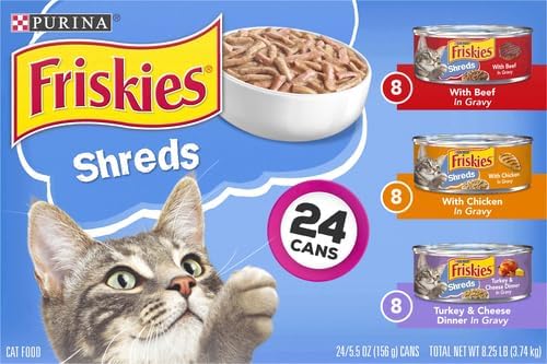 Friskies Wet Cat Food Variety Pack, Shreds Beef Chicken Turkey & Cheese | 48 Pack | 5.5 oz Cans