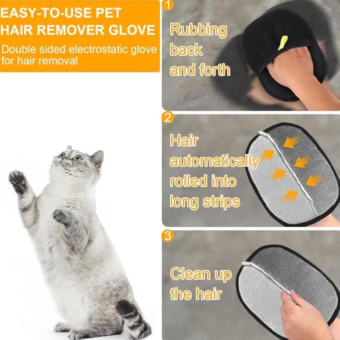 Pet Hair Remover Glove, Electrostatic Pet Hair Removal Gloves for Cats & Dogs, Reusable Double Sided Pet Hair Remover for Couch, Cat Grooming Gloves(2pcs)