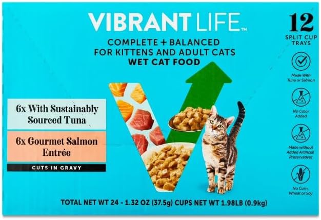 Tuna and Salmon Cuts in Gravy Wet Cat Food, Complete + Balanced Variety Pack ~ (2.64 Oz Split Cups) ~ (12 Pack) ~ Made Without Added Artificial Preservatives.