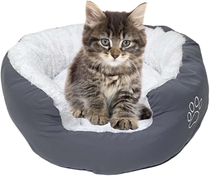 Evelots Calming Donut Cat Bed - Warm Pet Bed for Cats and Small Dogs - Anti-Anxiety Cozy Cuddler - Removable Soft Plush Cushion - Machine Washable - Non-Slip Bottom - Grey