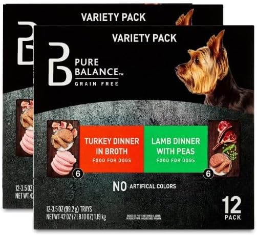 (2 Pack) ~ Pure~Balance Grain-Free Wet Dog Food Variety Pack ~ 12 Count, 3.5 Oz ~Trays, Lamb Dinner with Peas, Turkey in Broth, No Artificial Colors, Moist Texture, All Breed Adult Dogs.