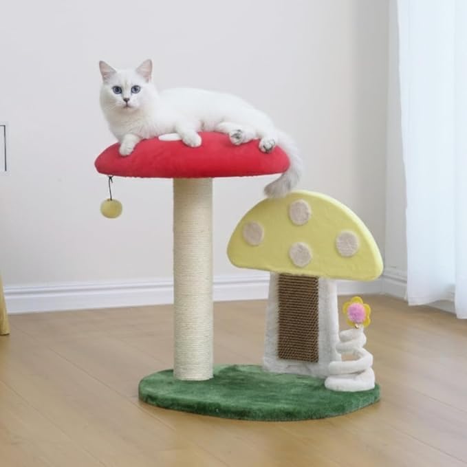 PetPals Mushroom Cat Perch Tree with Replaceable Nature Sisal Scratching Post, Multi-Functional Mushroom Cat Tower with Self Grooming Brush and Spring Toy, for Indoor Kittens, 20“High, Multi-Color
