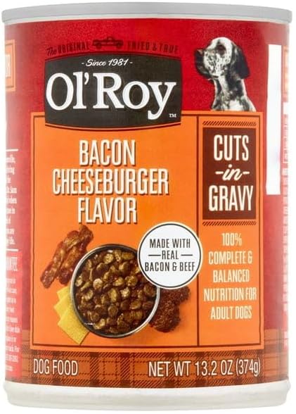 (Pack of 4) Bacon, Cheeseburger & Beef Flavor Gravy Wet Dog Food for Adult, 13.2 Oz. Can, 100% Complete and Balanced Nutrition, Ideal for Adult Dogs and Puppies
