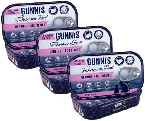 Pet Fisherman’s Feast Cat Food Topper – Herring & Cod Recipe – Sustainably Sourced, Wild-Caught in Iceland – High-Protein, Omega-3 Rich, Grain-Free – 3 oz Tins, Pack of 6