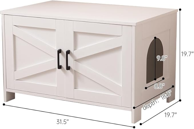 Cat Litter Box Enclosure with Barn Door Wooden Cat Washroom Furniture Litter Box Furniture Hidden End Side Table Pet House Multi Functional Double Cabinet Doors for Bedroom Living White