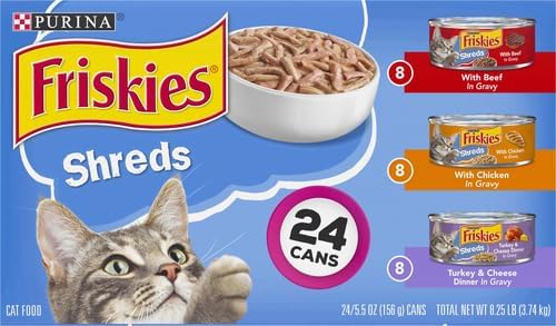 Friskies Wet Cat Food Variety Pack, Shreds Beef Chicken Turkey & Cheese | 48 Pack | 5.5 oz Cans