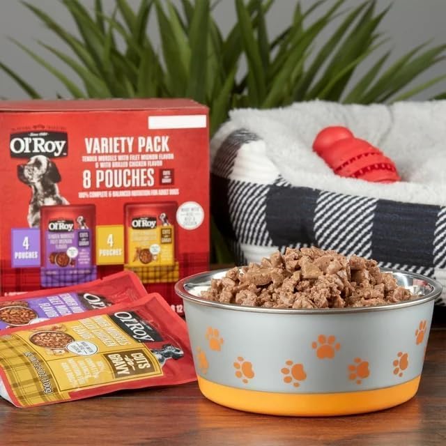 Ol's Roys Cuts in Gravy Wet Dog Food Variety Pack, Tender Morsels Filet Mignon Flavor and Tender Morsels Grilled Chicken Flavor, (2 Boxes with 8 Pouches of 3.5 oz).