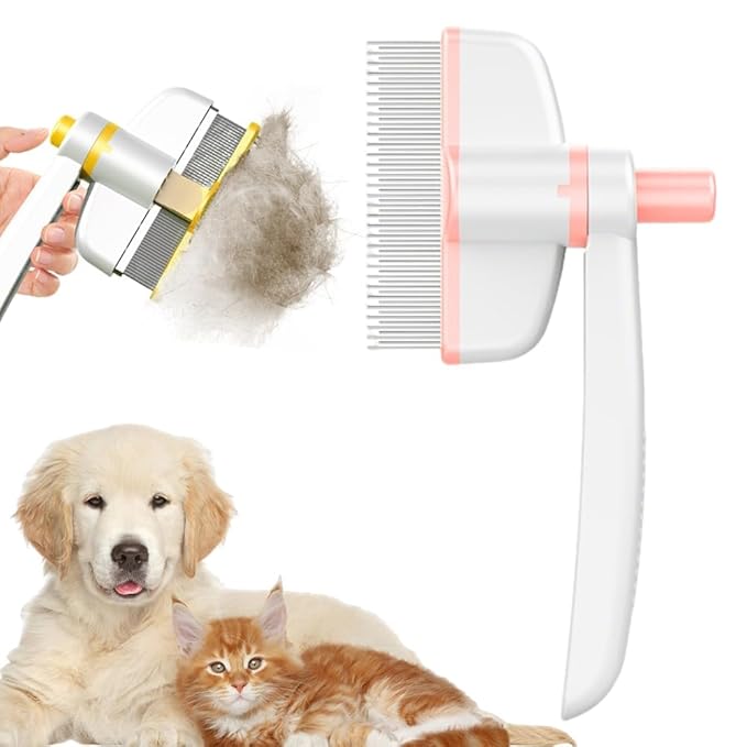 Pet Hair Removal Comb Flea Comb, Multifunctional Cat Brush with Release Button, Grooming Brush Supplies for Detangling Thinning and Shedding, All Hair Types (Pink)