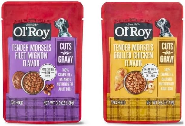 Ol's~Roys Cuts in Gravy Wet Dog Food Variety Pack, Tender Morsels Filet Mignon Flavor and Tender Morsels Grilled Chicken Flavor, 3.5 Oz ~ 8 Count ~ (2 Pack)