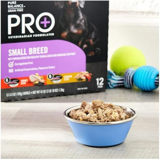 (1 Box ~ 12 Cups) ~ Pure Balance Pro+ Turkey Stew & Chicken Stew Wet Dog Food for Small Breeds, Grain-Free, 3.5 Oz Cups ~ Natural Ingredients, Supports Healthy Skin & Immune System.