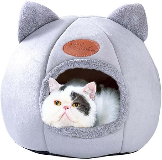 Cat Beds for Indoor Cats, Cozy Cat Cave Bed Dog House Cats Tent with Removable Cushion Pillow, Soft Warm Pet House Puppy Bed, Cute Pet Nest for Kitten Small Dog (Gray, L-14.2x14.2x14.2 Inches)