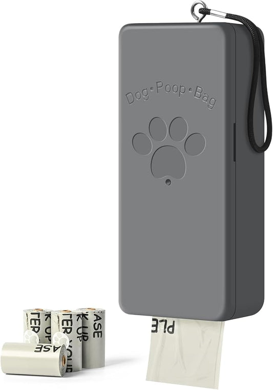 Dog Poop Bag Dispenser for Hanging Use, Grey Poop Bag Holder with Magnetic Closure, Includes 4 Rolls (60 Bags)