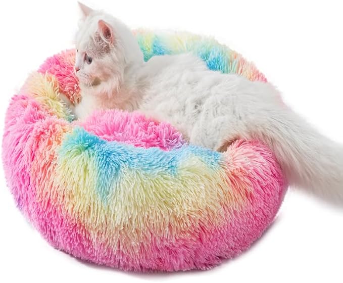 Calming Cat Beds for Indoor Cats Donut Small Dog Bed for Anxiety Plush Soft Kitten Bed Fluffy Faux Fur Rabbit Pillow Non Slip Bottom Indoor for Puppies and Cats for 3KG
