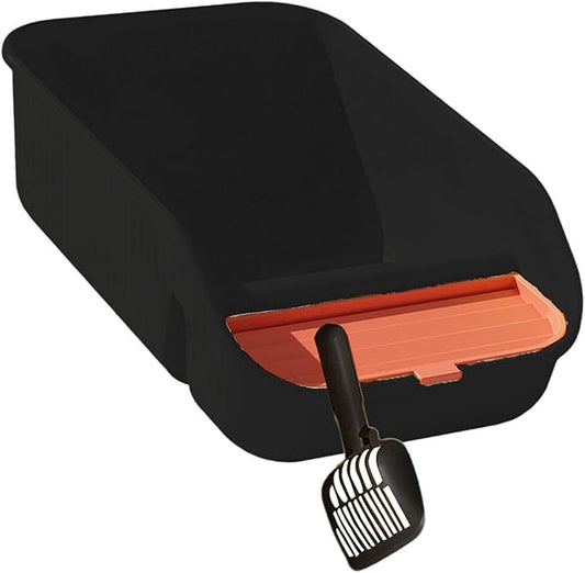 Large Cat Litter Box with Scoop Detachable Bedpan High Sides Open Top Easy Clean Indoor Cats Kitten Hamsters- Black