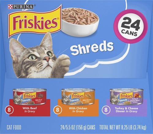 Friskies Wet Cat Food Variety Pack, Shreds Beef Chicken Turkey & Cheese | 48 Pack | 5.5 oz Cans