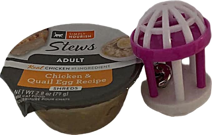 SIMPLY NOURISH Adult Cat Stew Shreds 6-2.8 Ounce Cups. Plus Cat Toy Will Vary. (Chicken & Quail Egg Recipe)