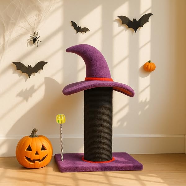 Halloween Wizard Hat Cat Scratching Post with Spring Ball Toy – Black Sisal Rope, Purple Spooky Theme, Durable MDF Base – Fun Indoor Scratcher for Cats & Kittens