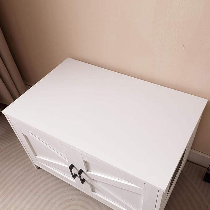 Cat Litter Box Enclosure with Barn Door Wooden Cat Washroom Furniture Litter Box Furniture Hidden End Side Table Pet House Multi Functional Double Cabinet Doors for Bedroom Living White