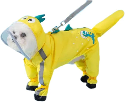 Waterproof Dog Raincoat,Full Coverage 4 Legs Dog Rain Jacket for Small Dogs,Pet Rain Coat with Hood,Reflective Strips&Leash Hole Outdoor Raincoat (Medium（for Weight 5.1-8.1 lb）, Yellow Dinosaur)
