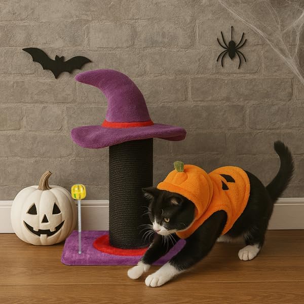 Halloween Wizard Hat Cat Scratching Post with Spring Ball Toy – Black Sisal Rope, Purple Spooky Theme, Durable MDF Base – Fun Indoor Scratcher for Cats & Kittens