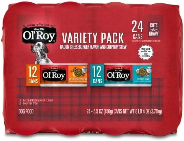 Ol's~Roys Wet Dog Food Variety Pack, 24 Cans, 5.5 oz Each, Bacon Cheeseburger & Country Stew in Gravy, Complete & Balanced Meal, Soft Texture for Small to Large Breeds, No Artificial Flavors